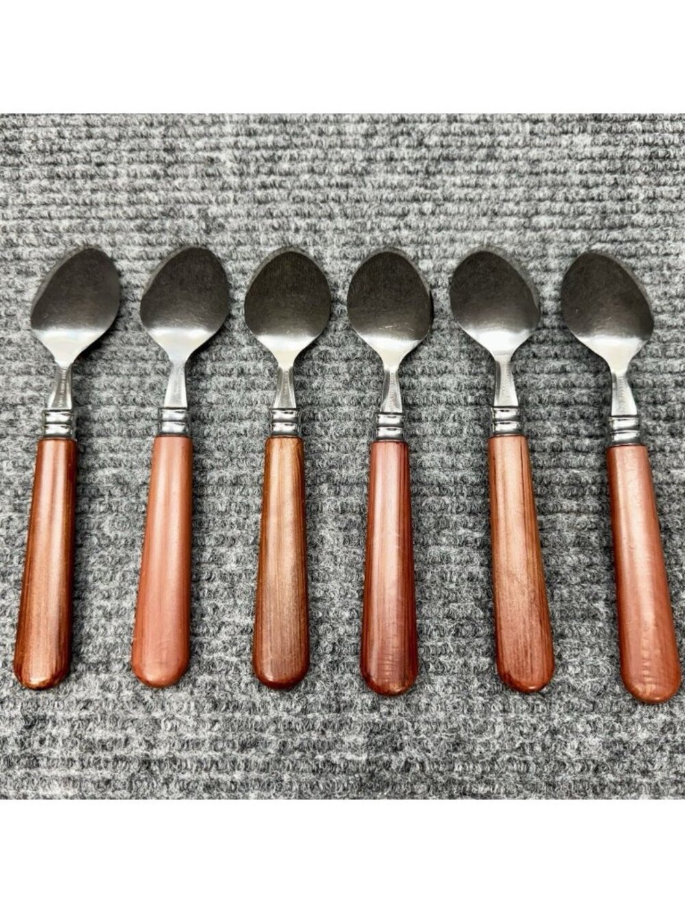 Faberware Silverware Lot Of 6 Spoons Faux Wood Brown Handle Set Oval Vintage - Picture 3 of 7